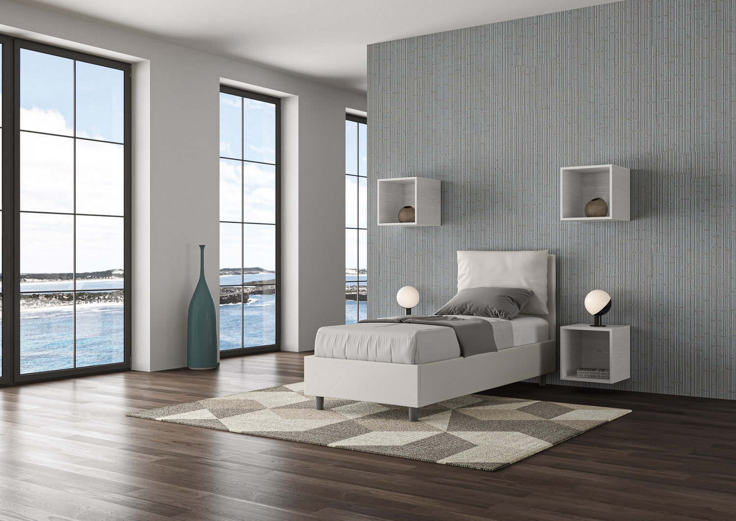 Letto singolo imbottito similpelle Antea senza rete, con rete e contenitore