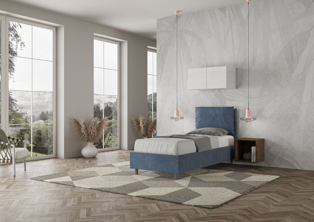 Letto singolo imbottito 80x190 microfibra Antea senza rete, con rete, contenitore