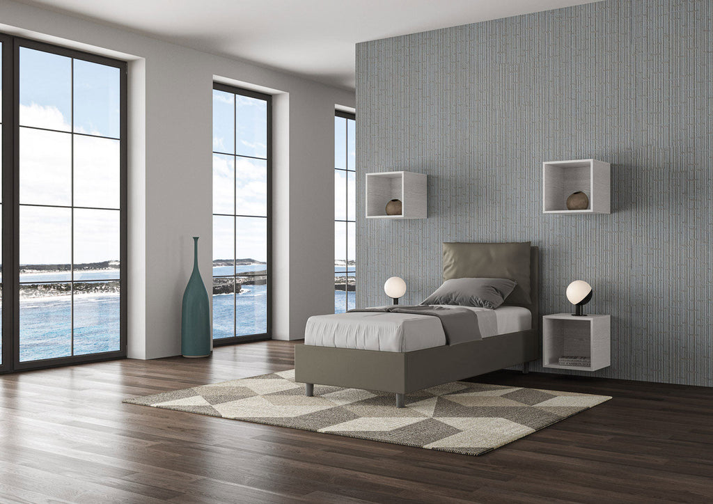 Letto singolo imbottito similpelle Antea con e senza rete e contenitore 80x210