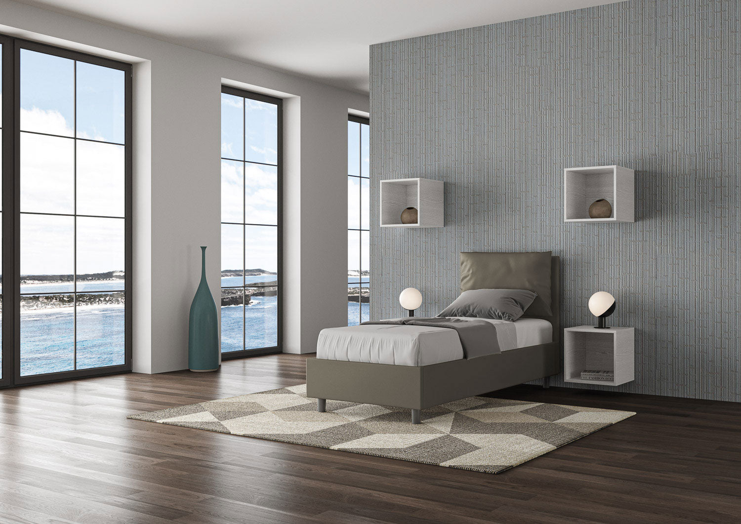 Letto singolo imbottito similpelle Antea con e senza rete e contenitore 80x210