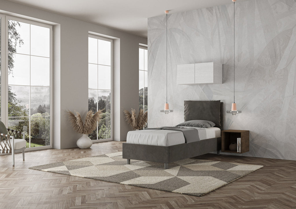 Letto singolo imbottito 80x190 microfibra Antea senza rete, con rete, contenitore