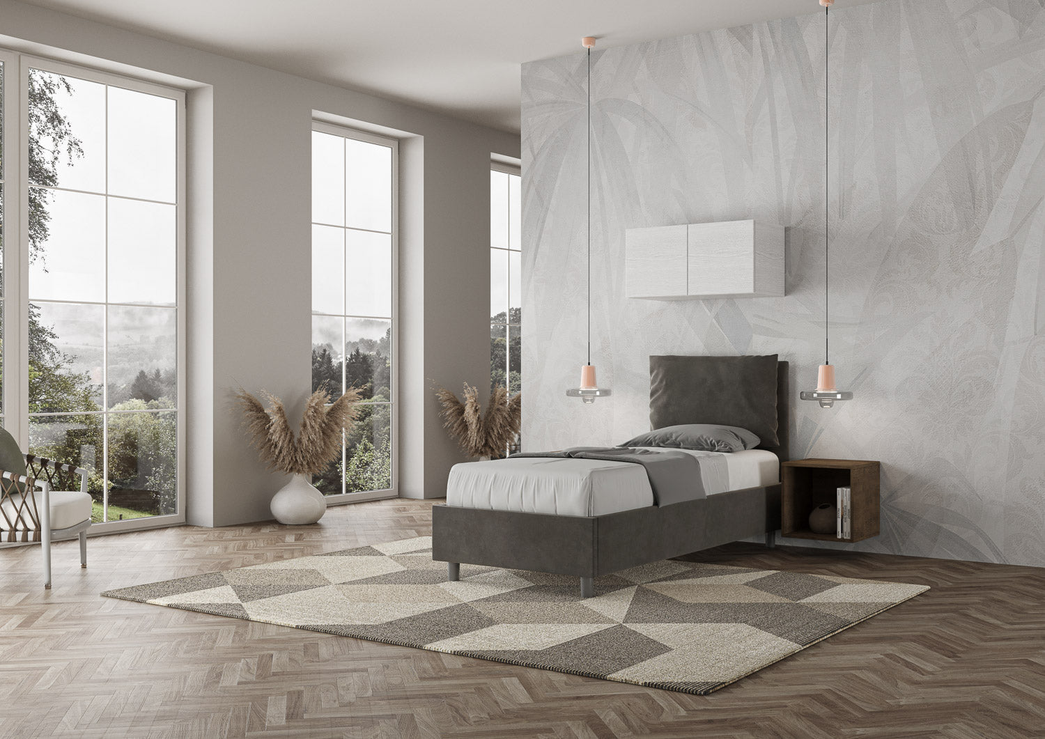 Letto singolo imbottito 80x210 microfibra Antea senza rete, con rete e contenitore