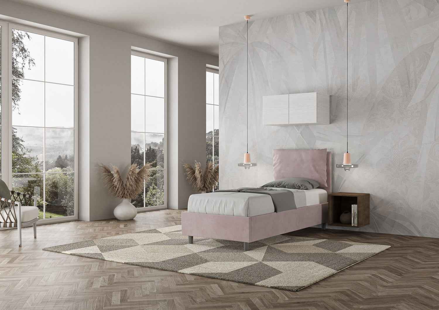 Letto singolo imbottito 80x210 microfibra Antea senza rete, con rete e contenitore