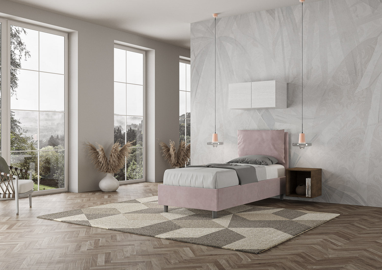 Letto singolo imbottito 80x200 microfibra Antea senza rete, con rete e contenitore