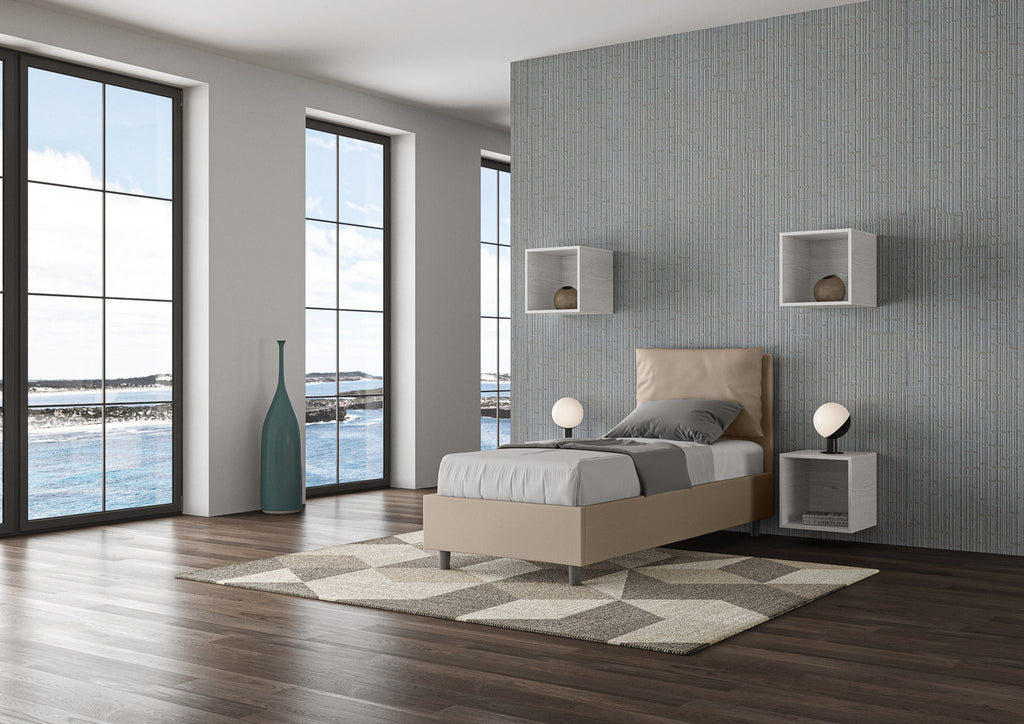 Letto singolo imbottito similpelle Antea con e senza rete e contenitore 80x210