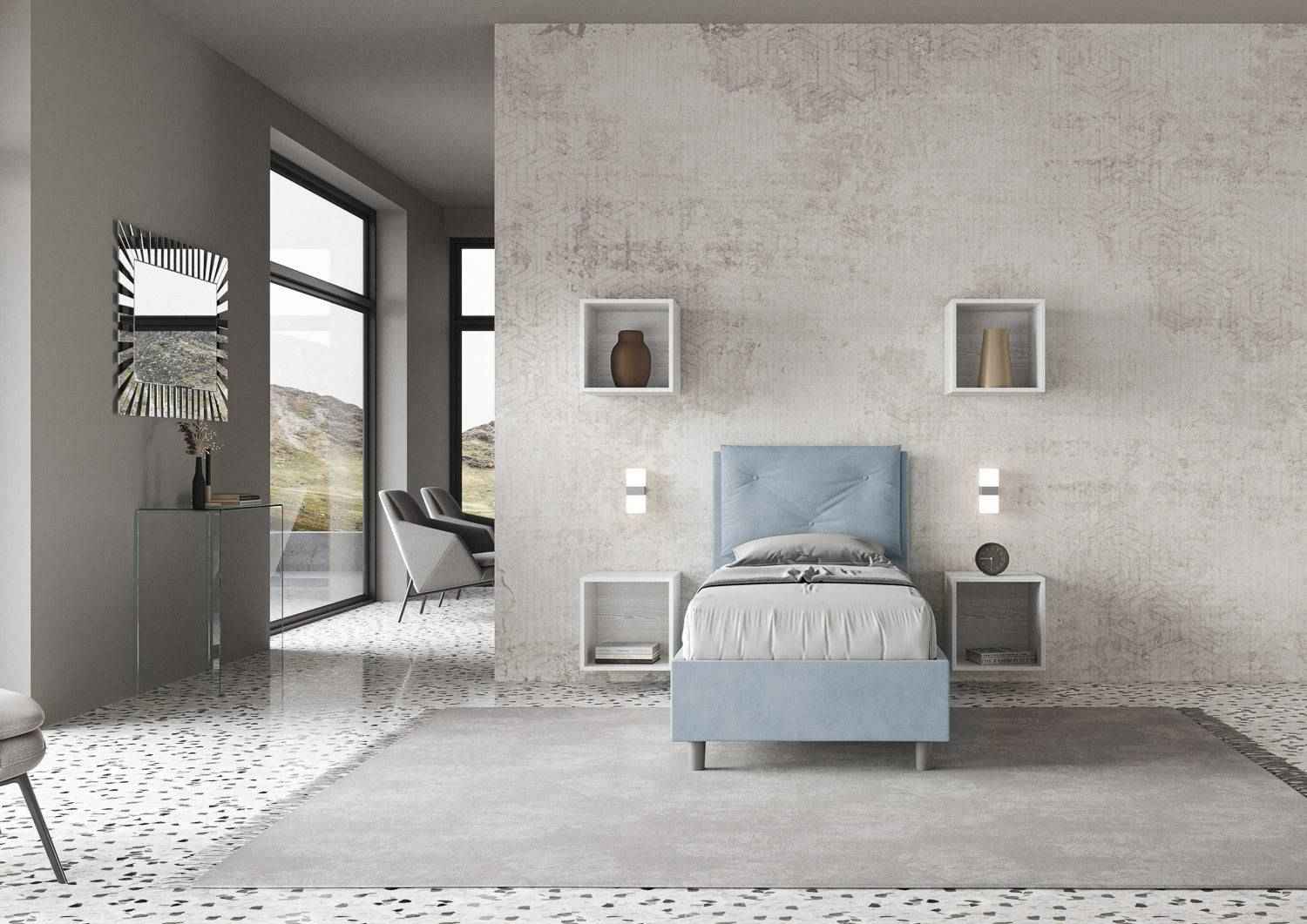 Letto singolo imbottito 90x210 microfibra Appia con o senza rete e contenitore