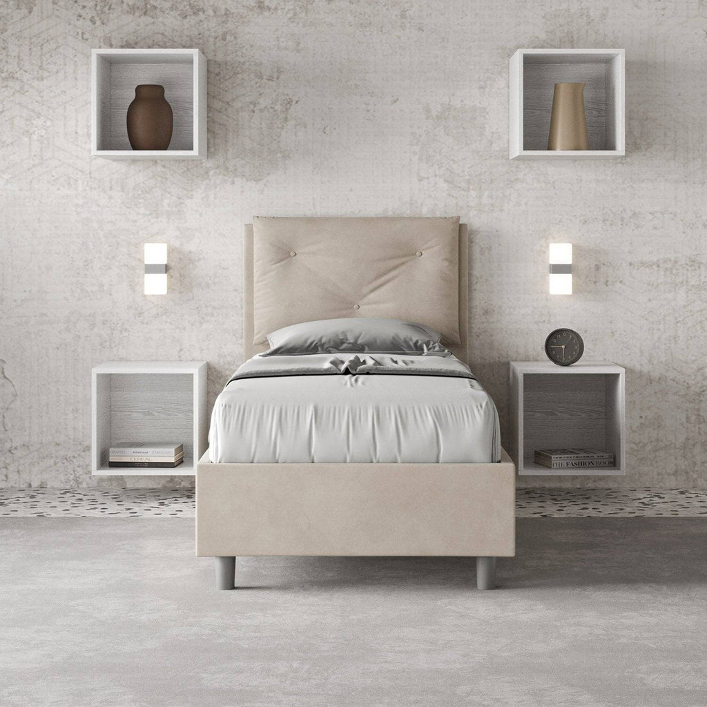 Letto singolo imbottito 90x210 microfibra Appia con o senza rete e contenitore