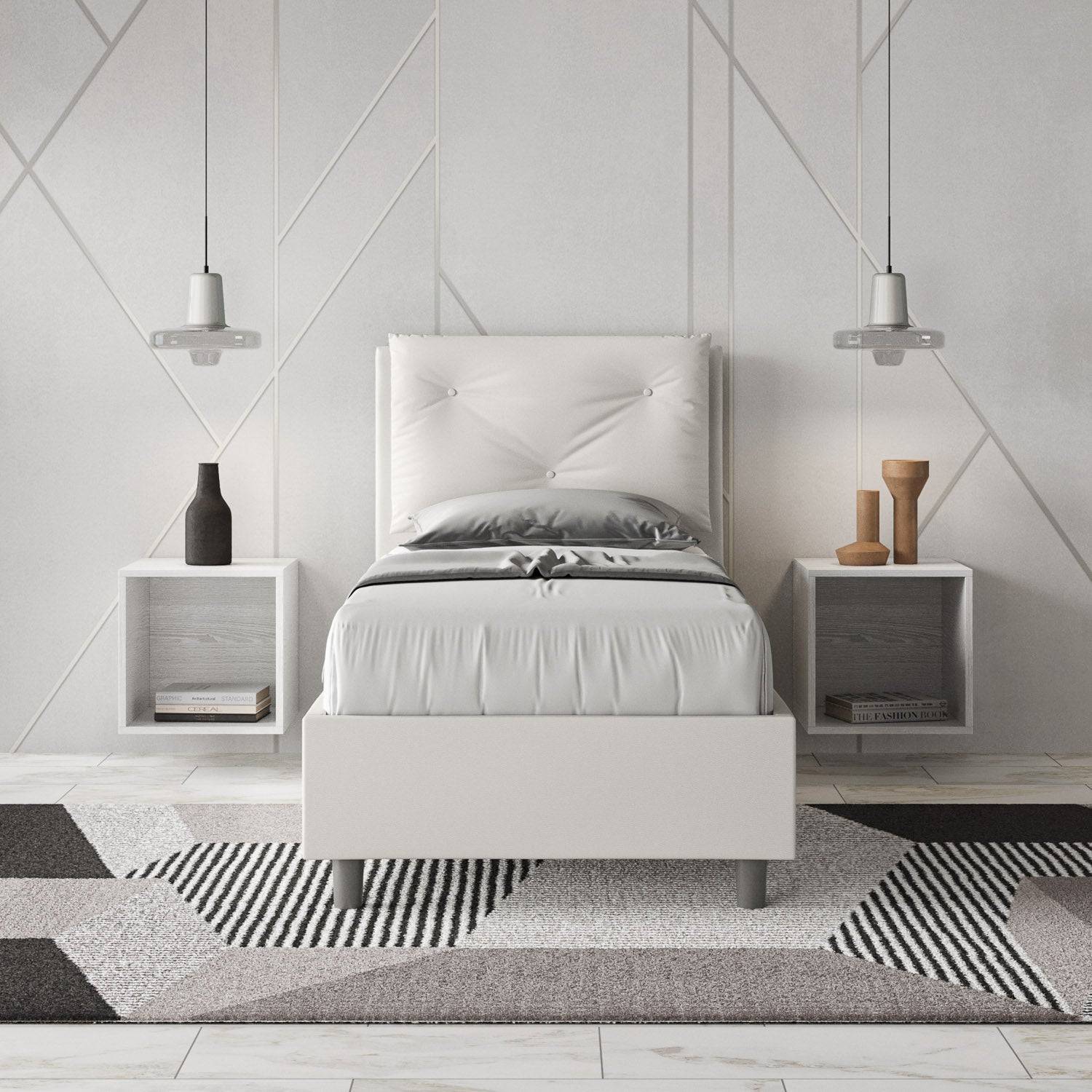 Letto singolo imbottito similpelle Appia 80x210 senza rete, con rete, contenitore