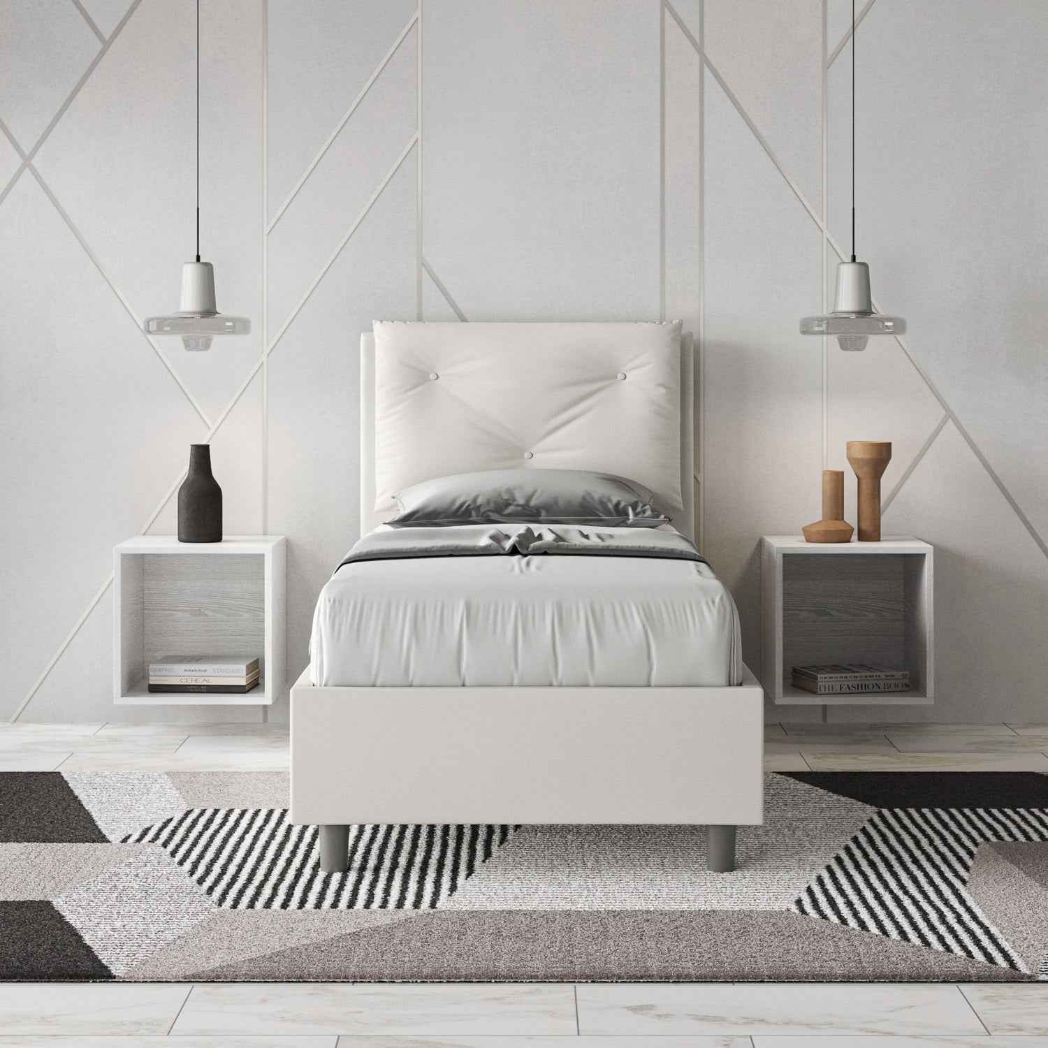 Letto singolo imbottito similpelle Appia senza rete, con rete e contenitore