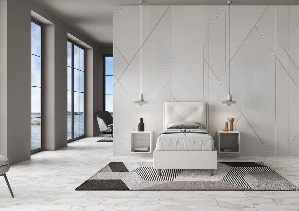 Letto singolo imbottito similpelle Appia senza rete, con rete e contenitore