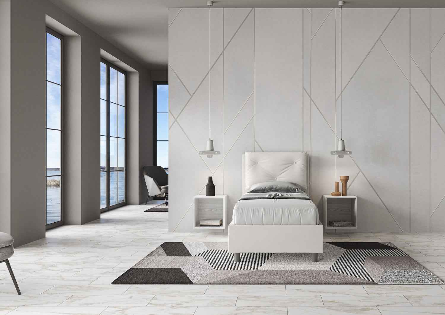 Letto singolo imbottito similpelle Appia senza rete, con rete e contenitore