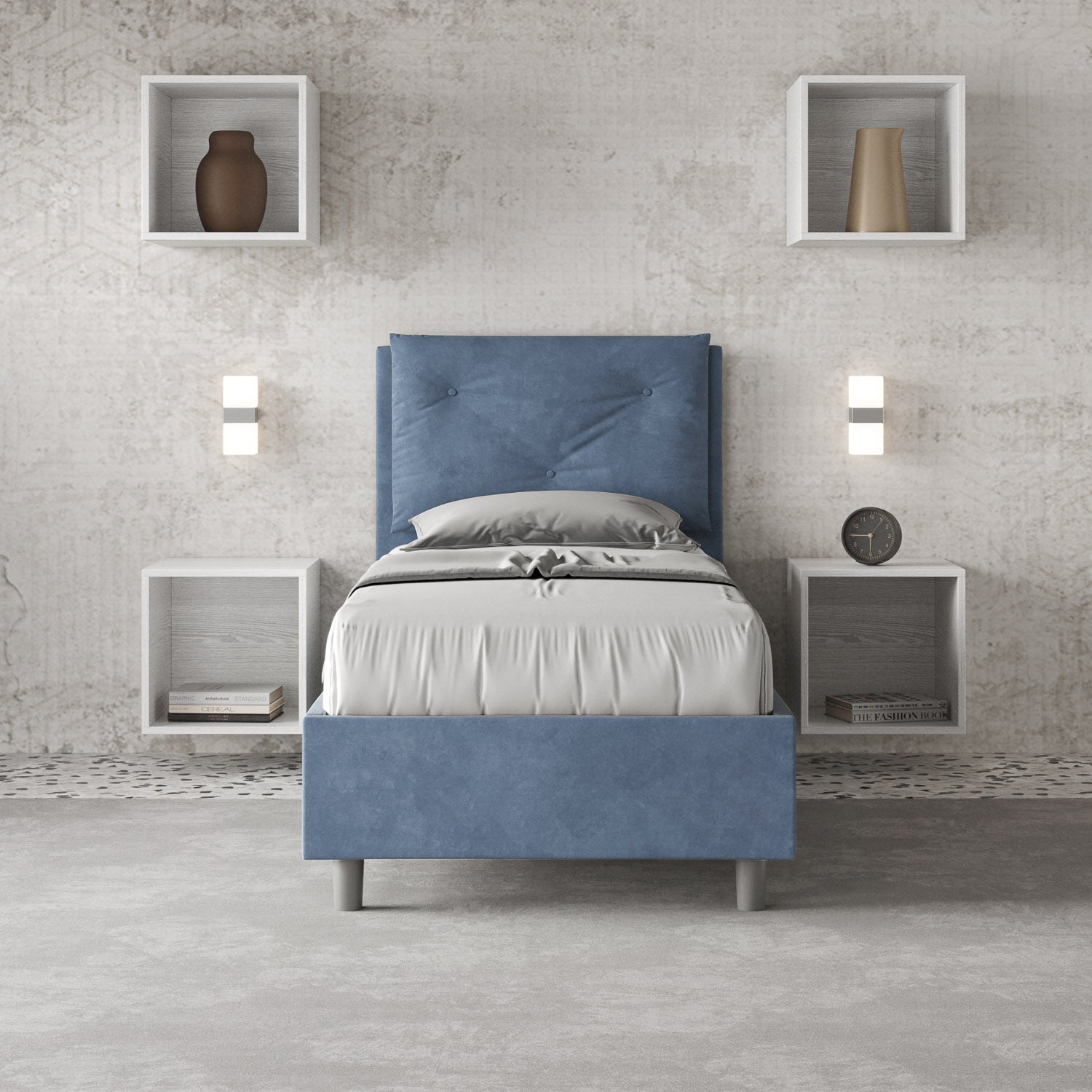 Letto singolo imbottito 80x190 microfibra Appia senza rete, con rete e contenitore