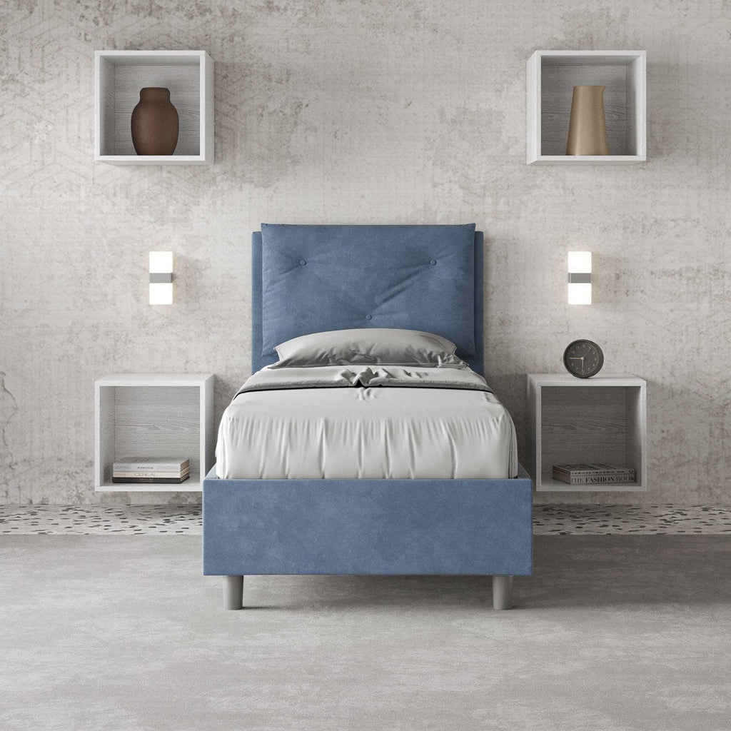 Letto singolo imbottito 80x210 microfibra Appia senza rete, con rete e contenitore