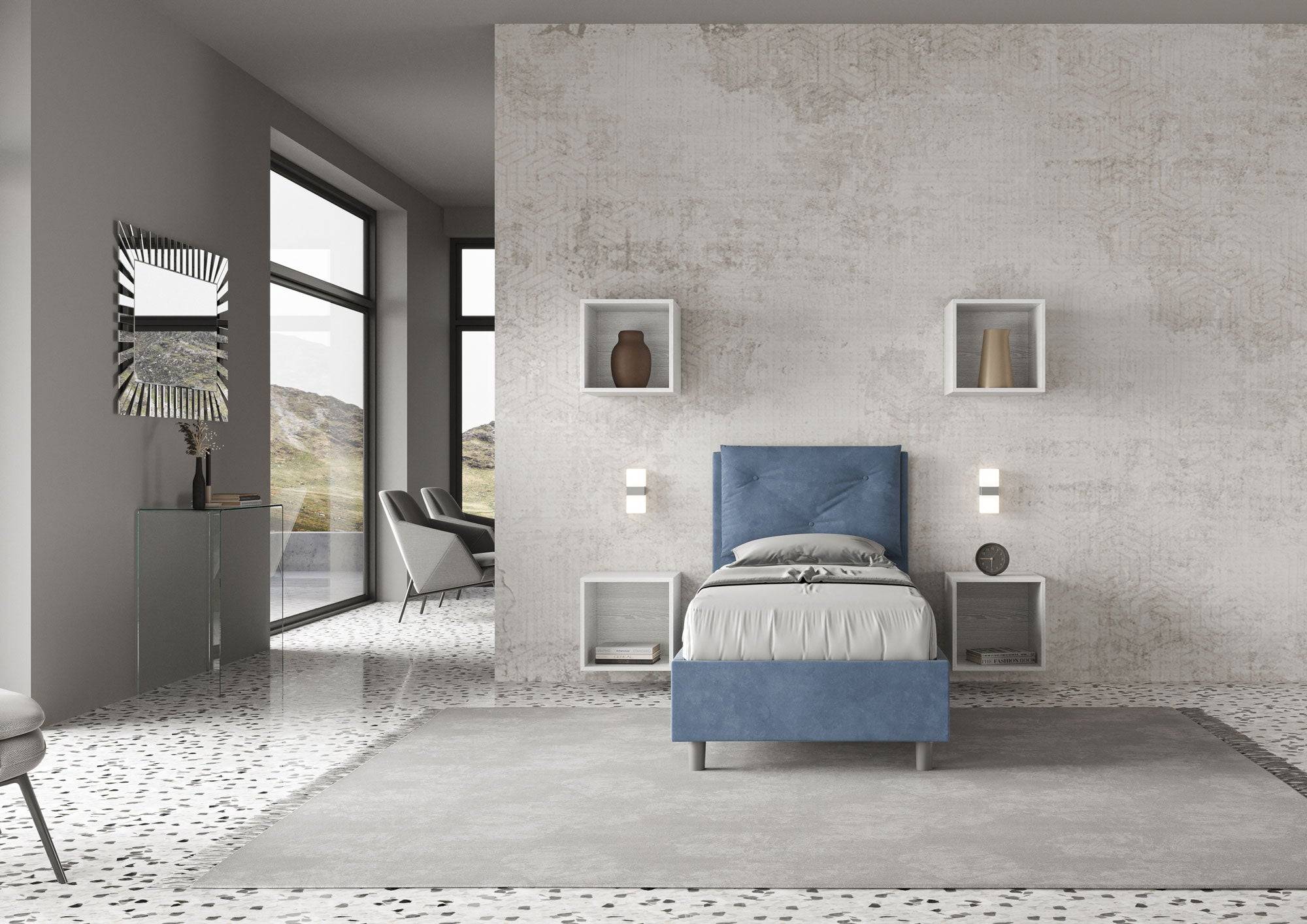 Letto singolo imbottito 90x210 microfibra Appia con o senza rete e contenitore
