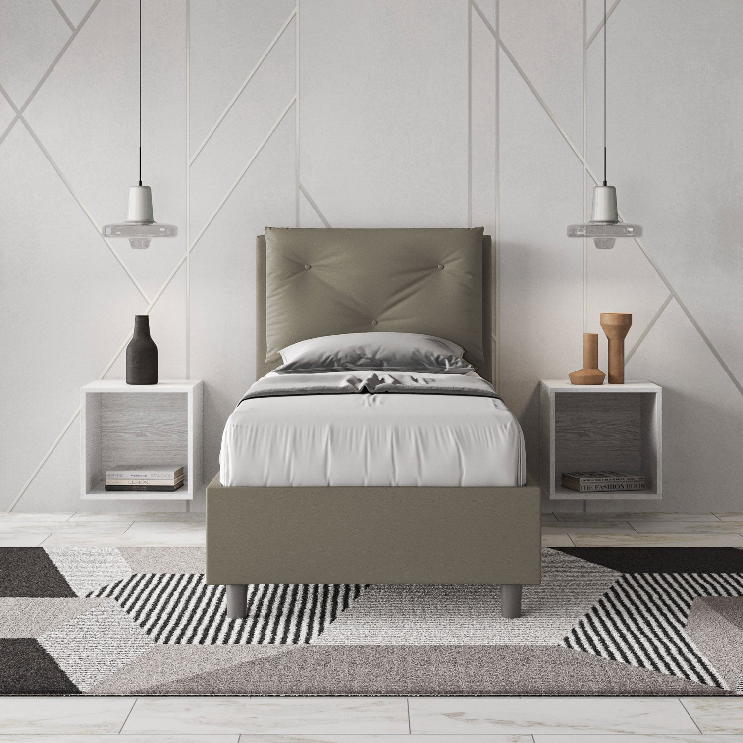 Letto singolo imbottito similpelle Appia senza rete, con rete e contenitore