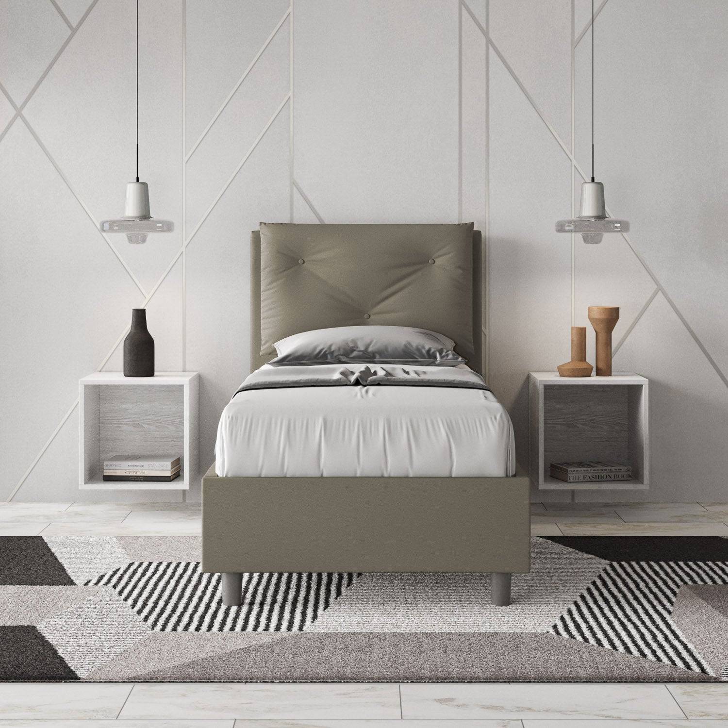 Letto singolo imbottito similpelle Appia 80x210 senza rete, con rete, contenitore