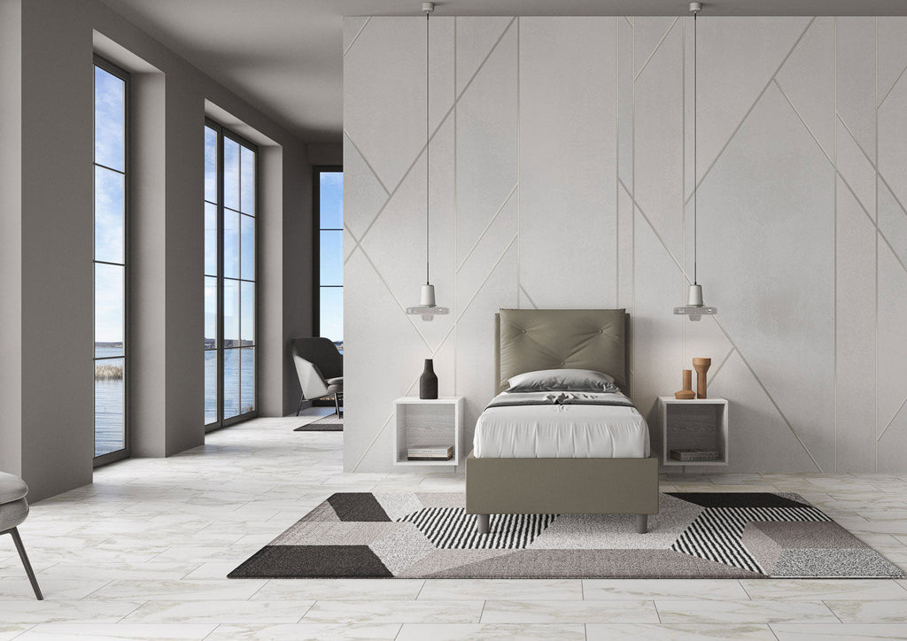 Letto singolo imbottito similpelle Appia senza rete, con rete e contenitore
