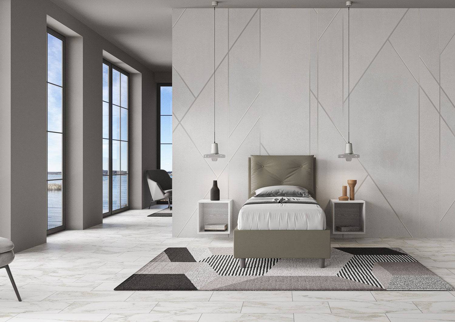 Letto singolo 80x200 imbottito similpelle, rete o contenitore, Made in Italy