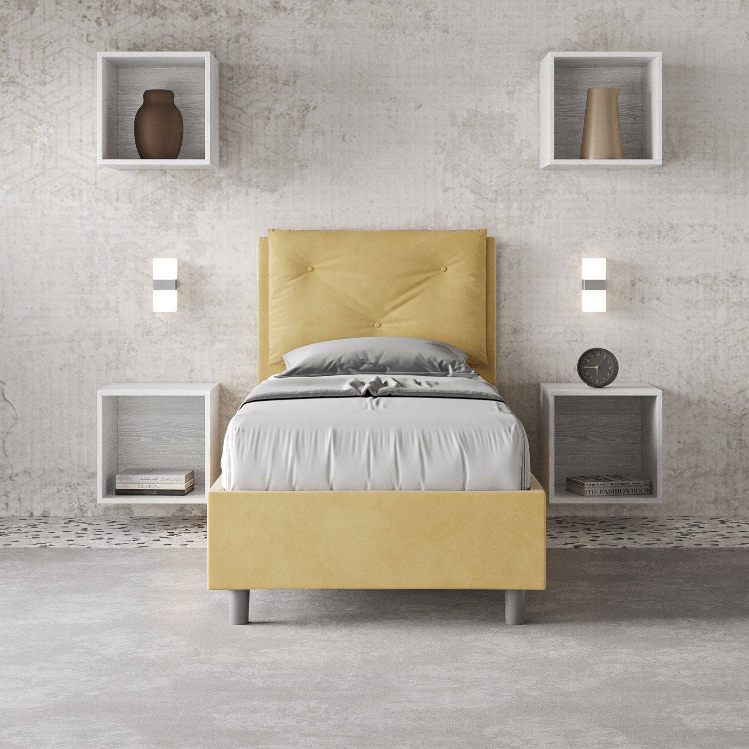 Letto singolo imbottito 90x210 microfibra Appia con o senza rete e contenitore