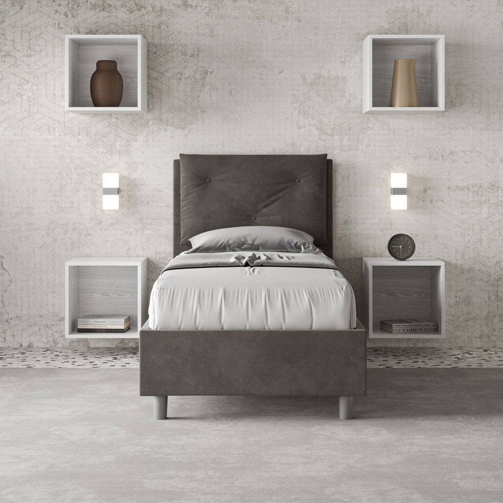 Letto singolo imbottito con rete o contenitore in microfibra Appia 90x200