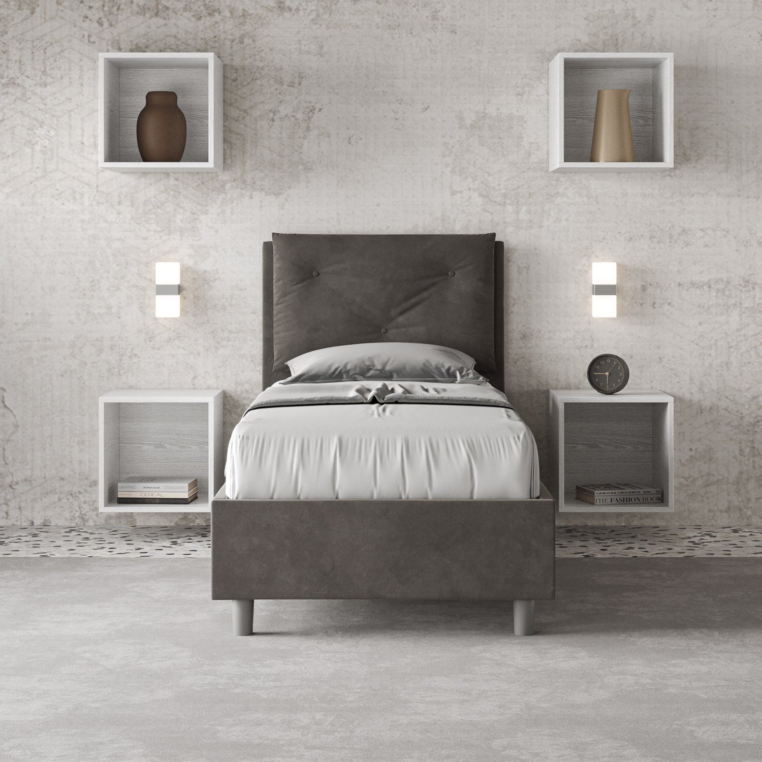 Letto singolo imbottito 80x190 microfibra Appia senza rete, con rete e contenitore