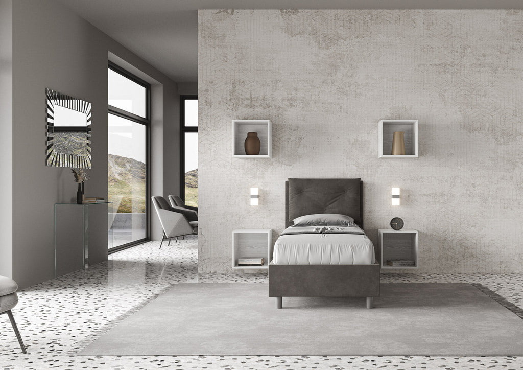 Letto singolo imbottito 80x190 microfibra Appia senza rete, con rete e contenitore