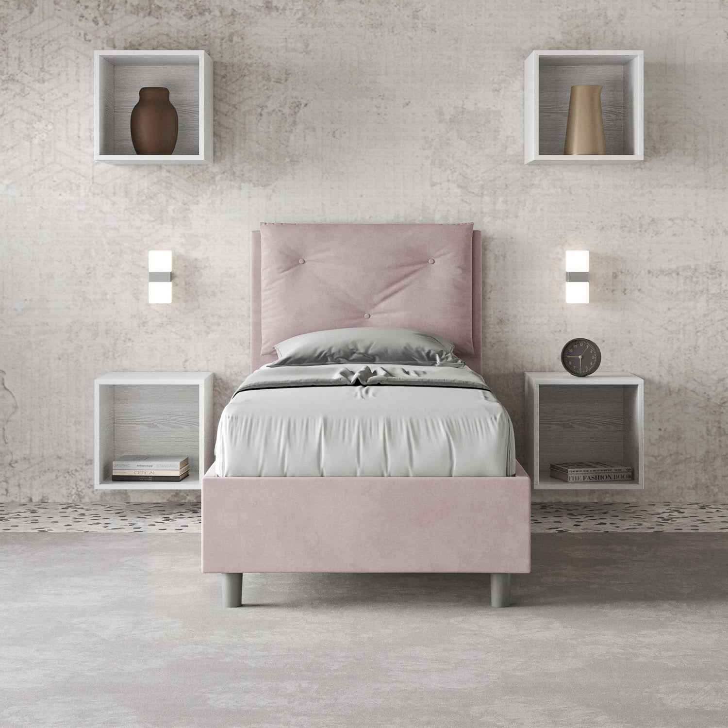 Letto singolo imbottito 80x190 microfibra Appia senza rete, con rete e contenitore