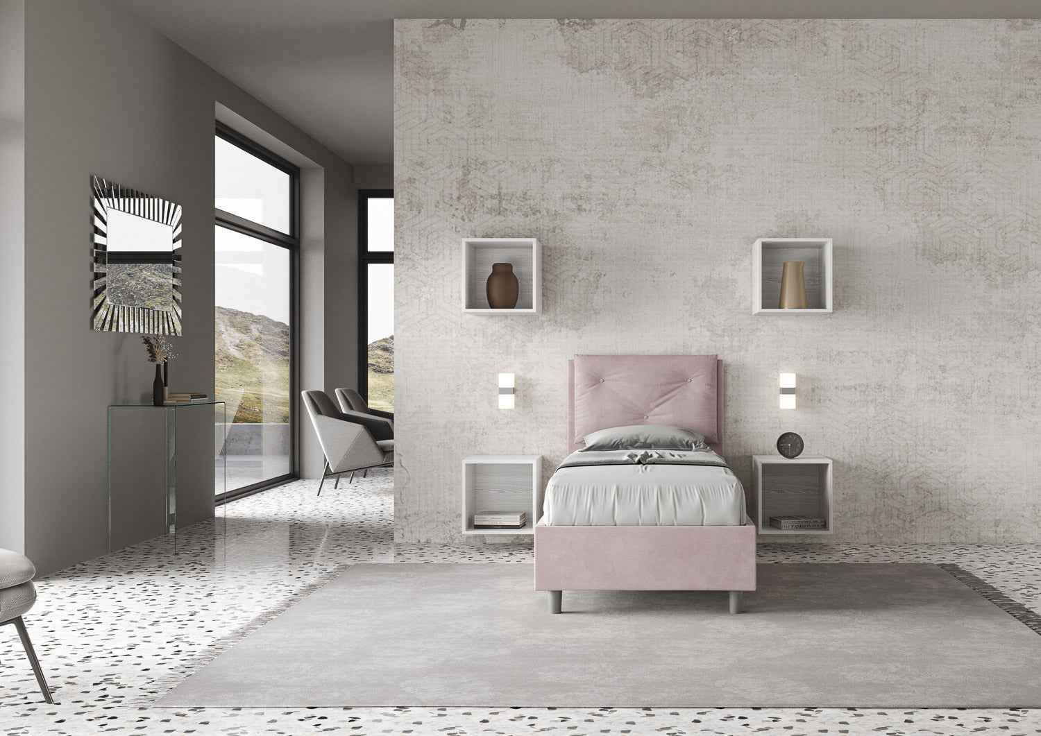 Letto singolo imbottito 80x190 microfibra Appia senza rete, con rete e contenitore