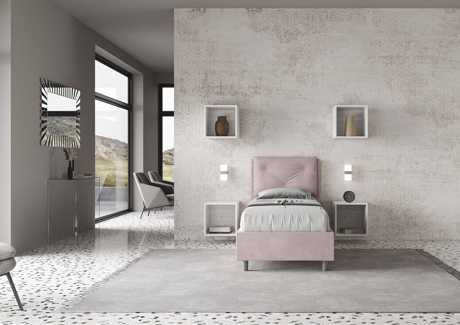 Letto singolo imbottito 80x210 microfibra Appia senza rete, con rete e contenitore