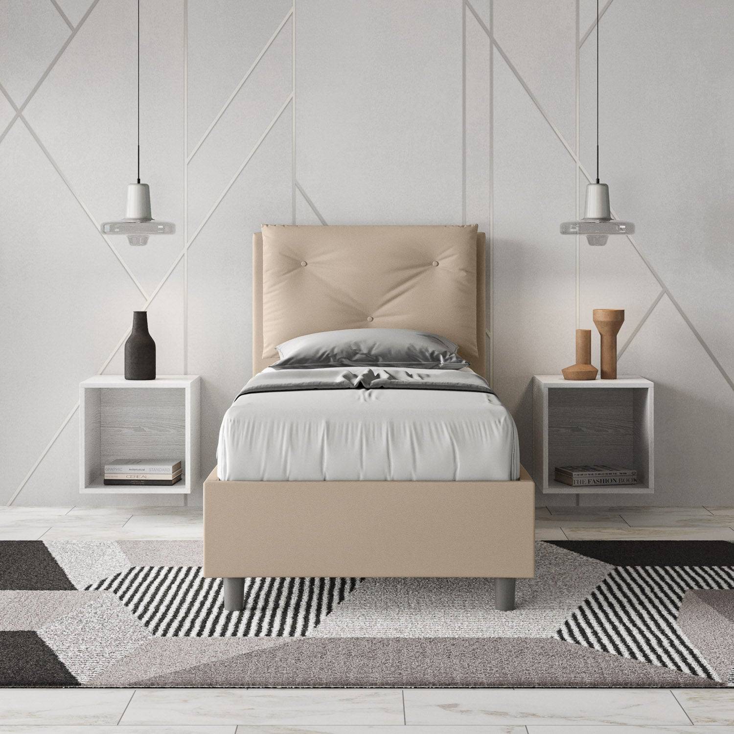 Letto singolo 80x200 imbottito similpelle, rete o contenitore, Made in Italy