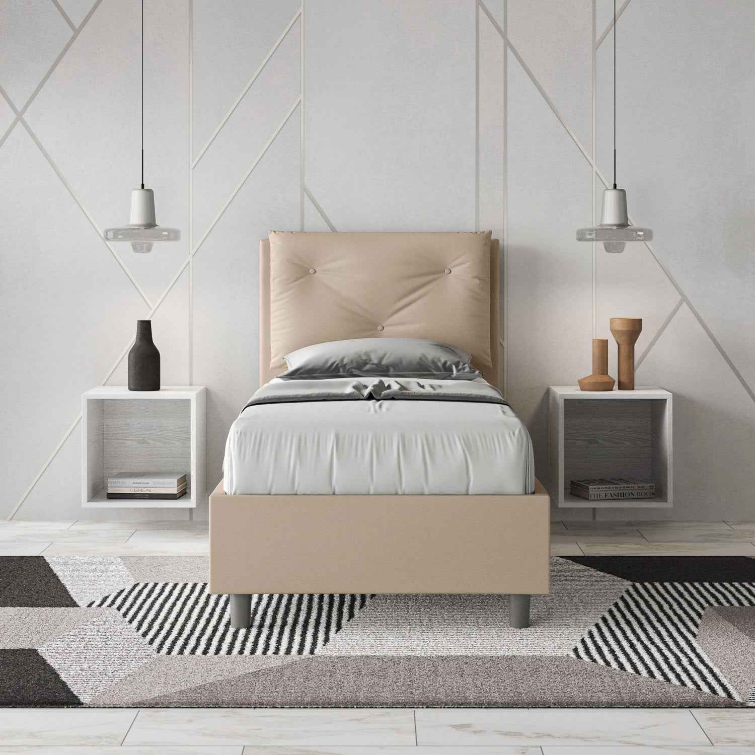 Letto singolo imbottito similpelle Appia senza rete, con rete e contenitore