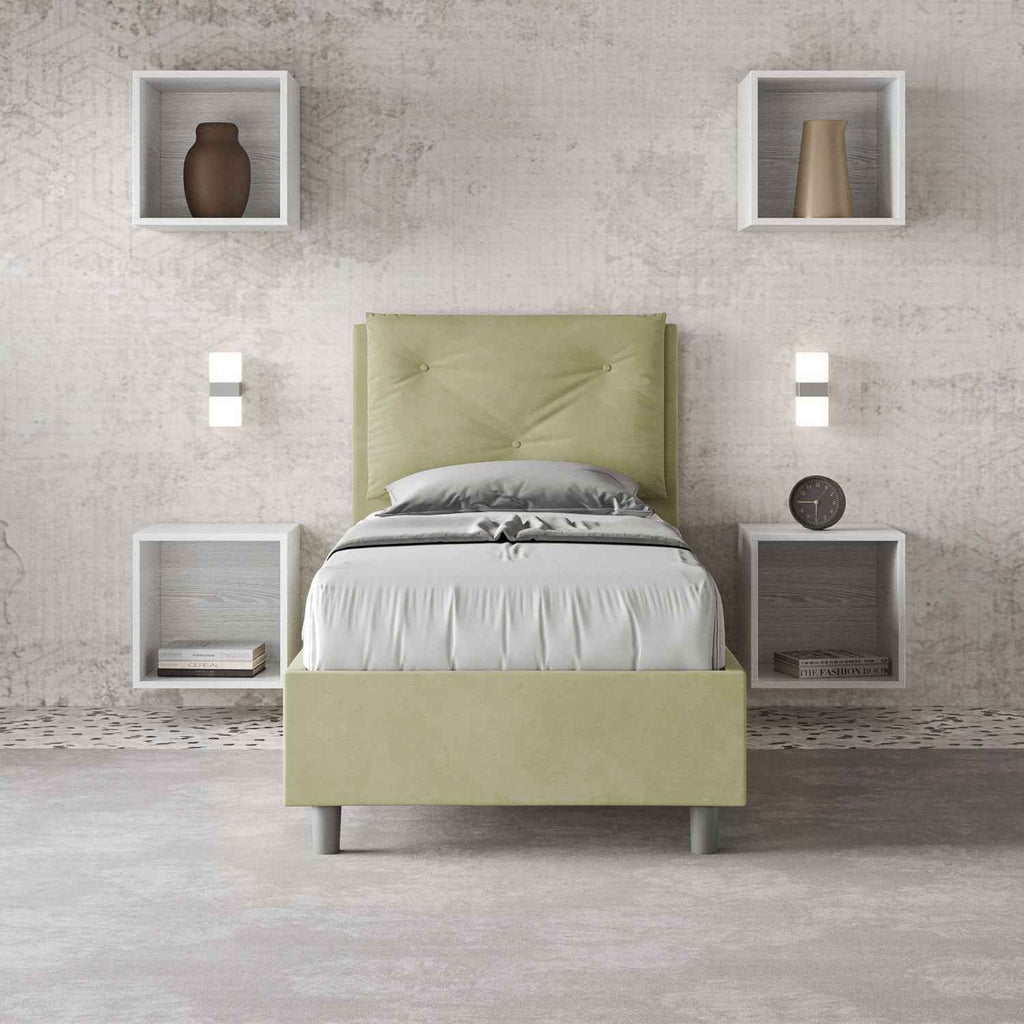 Letto singolo imbottito 80x190 microfibra Appia senza rete, con rete e contenitore
