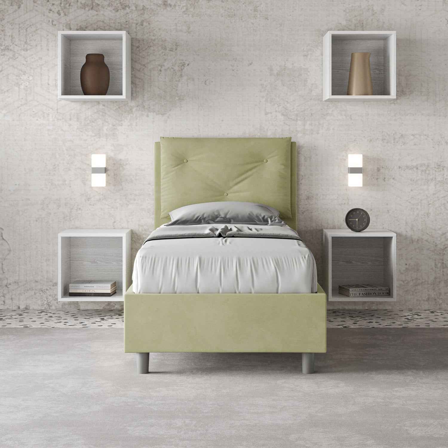 Letto singolo imbottito 80x190 microfibra Appia senza rete, con rete e contenitore