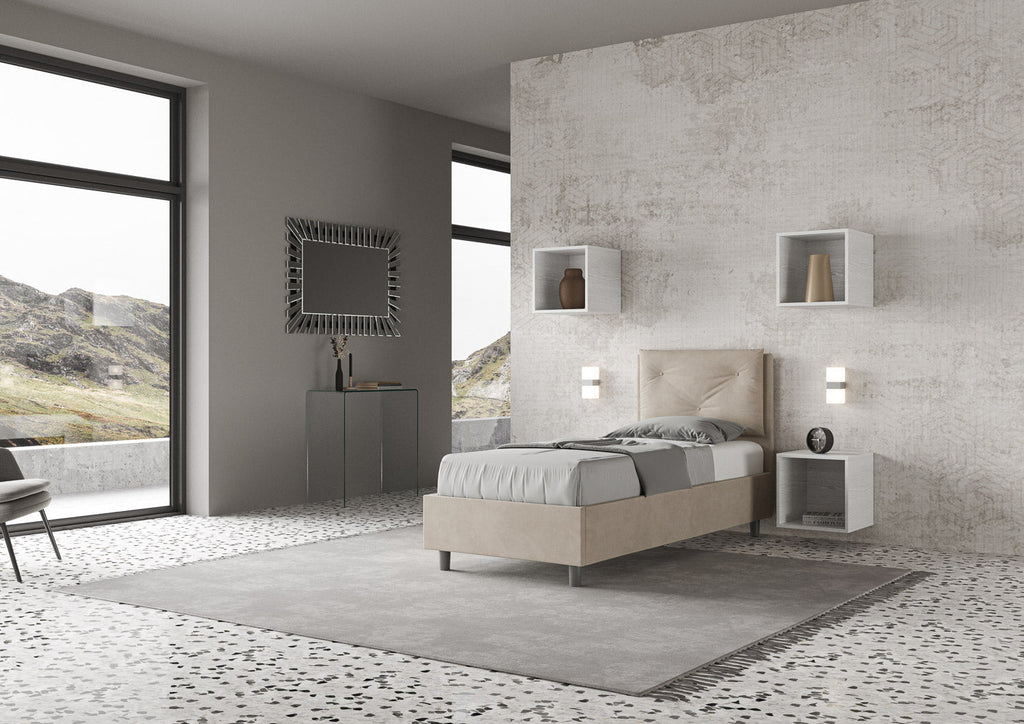 Letto singolo imbottito 80x190 microfibra Appia senza rete, con rete e contenitore