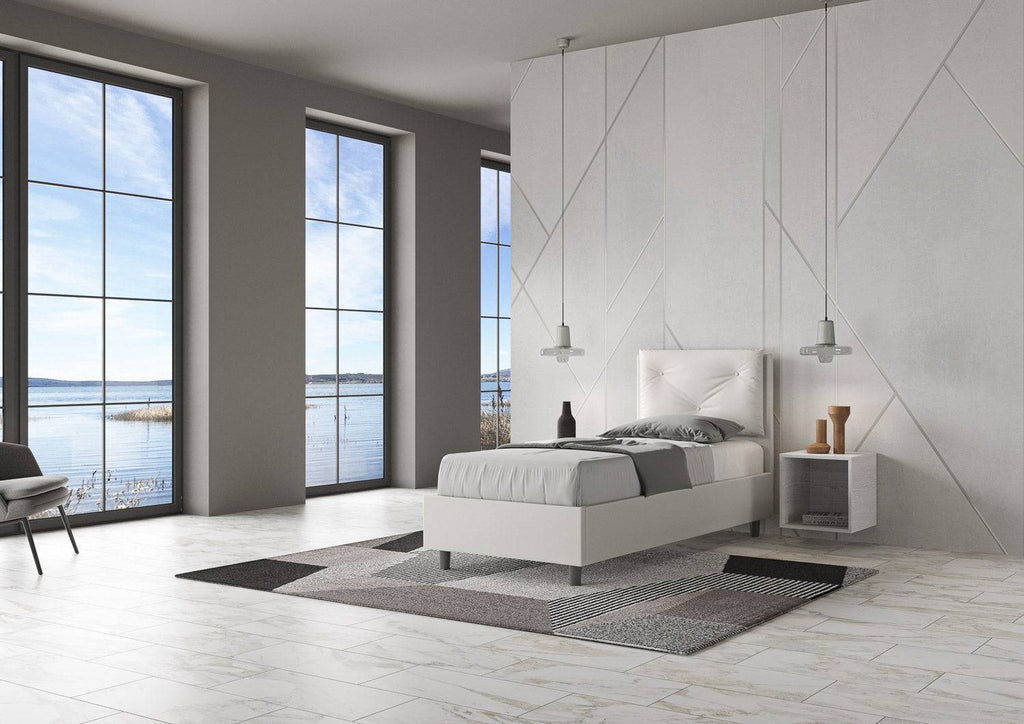Letto singolo imbottito similpelle Appia 80x210 senza rete, con rete, contenitore
