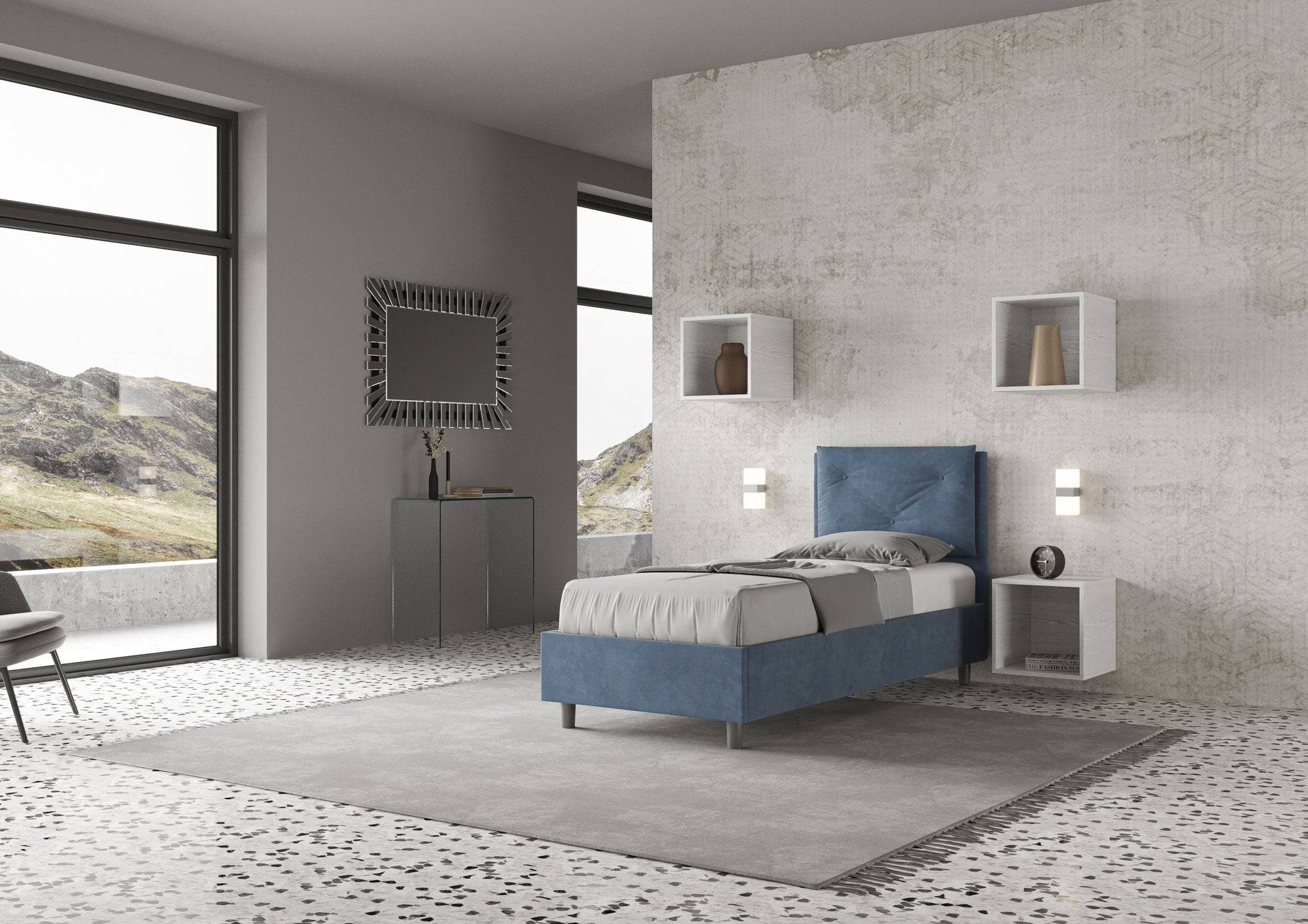 Letto singolo imbottito 90x210 microfibra Appia con o senza rete e contenitore