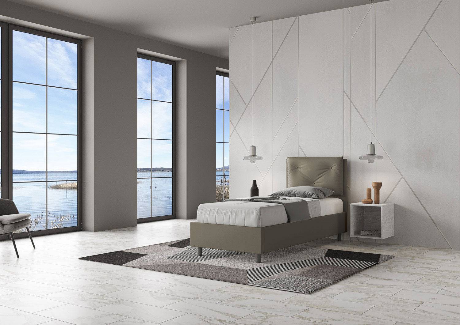 Letto singolo imbottito similpelle Appia 80x210 senza rete, con rete, contenitore