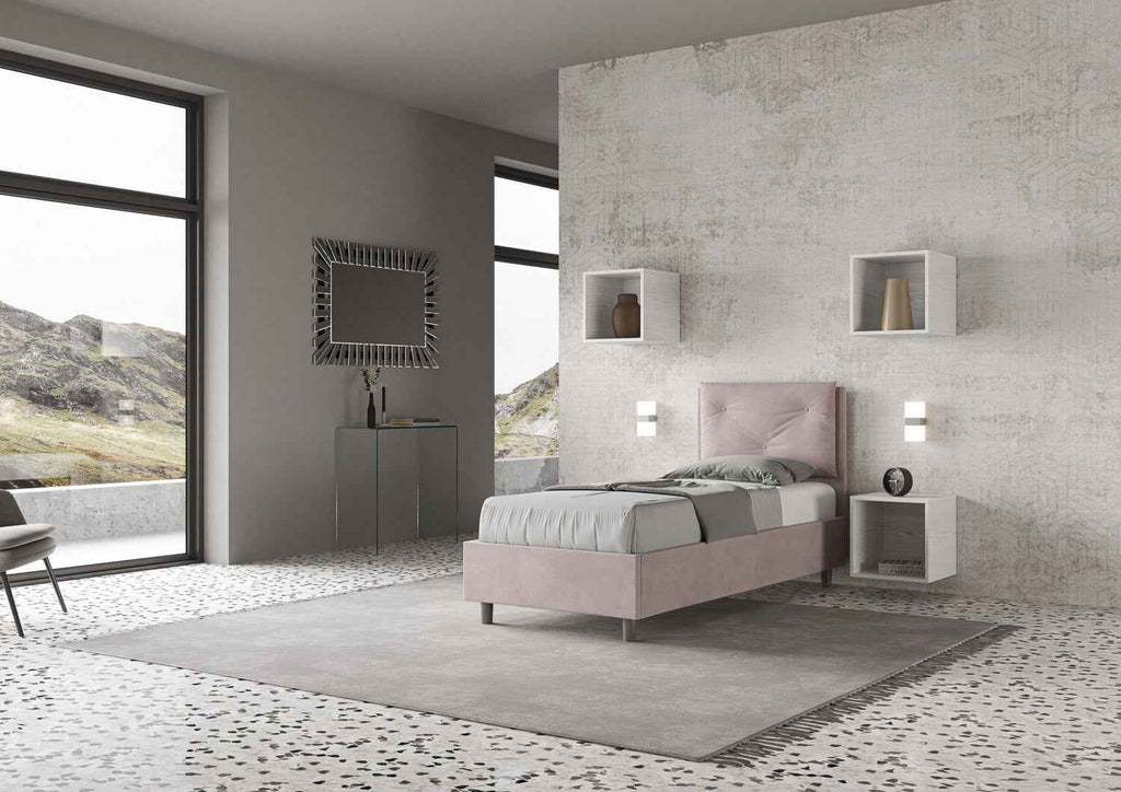 Letto singolo imbottito 80x190 microfibra Appia senza rete, con rete e contenitore