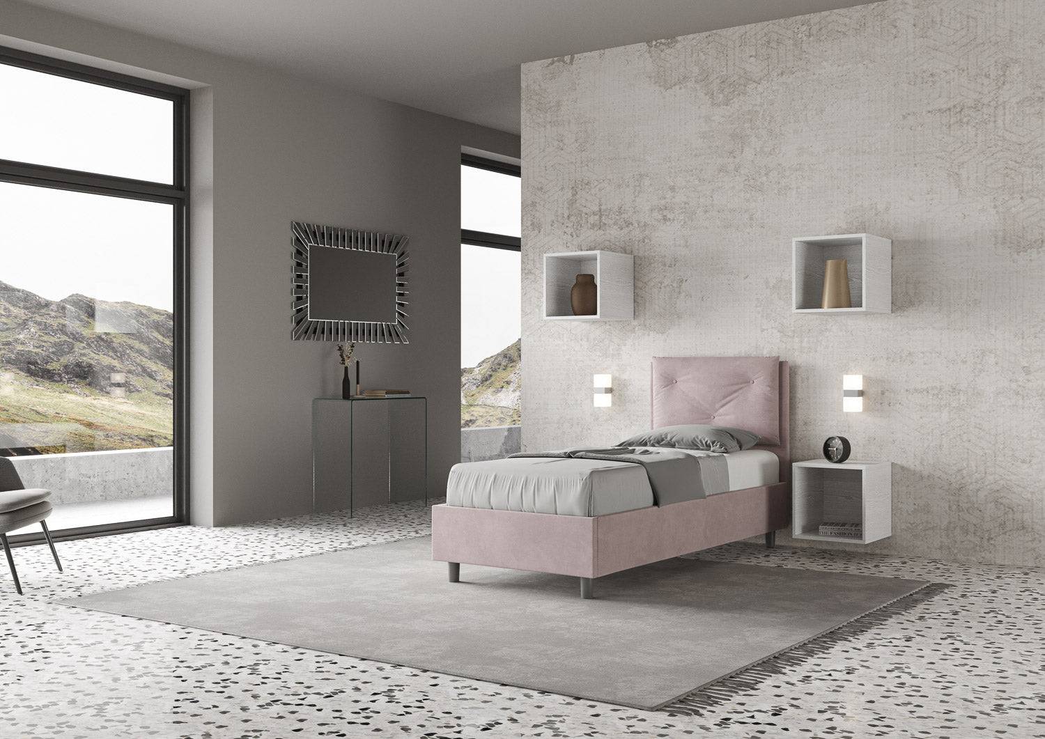 Letto singolo imbottito 80x210 microfibra Appia senza rete, con rete e contenitore