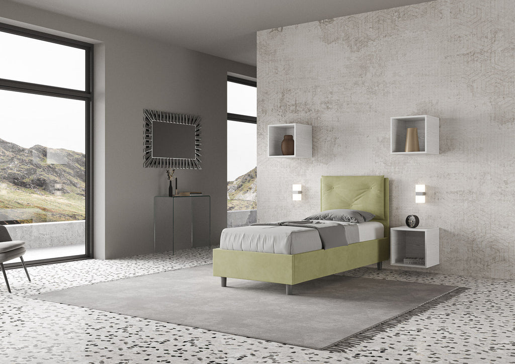 Letto singolo imbottito 80x190 microfibra Appia senza rete, con rete e contenitore