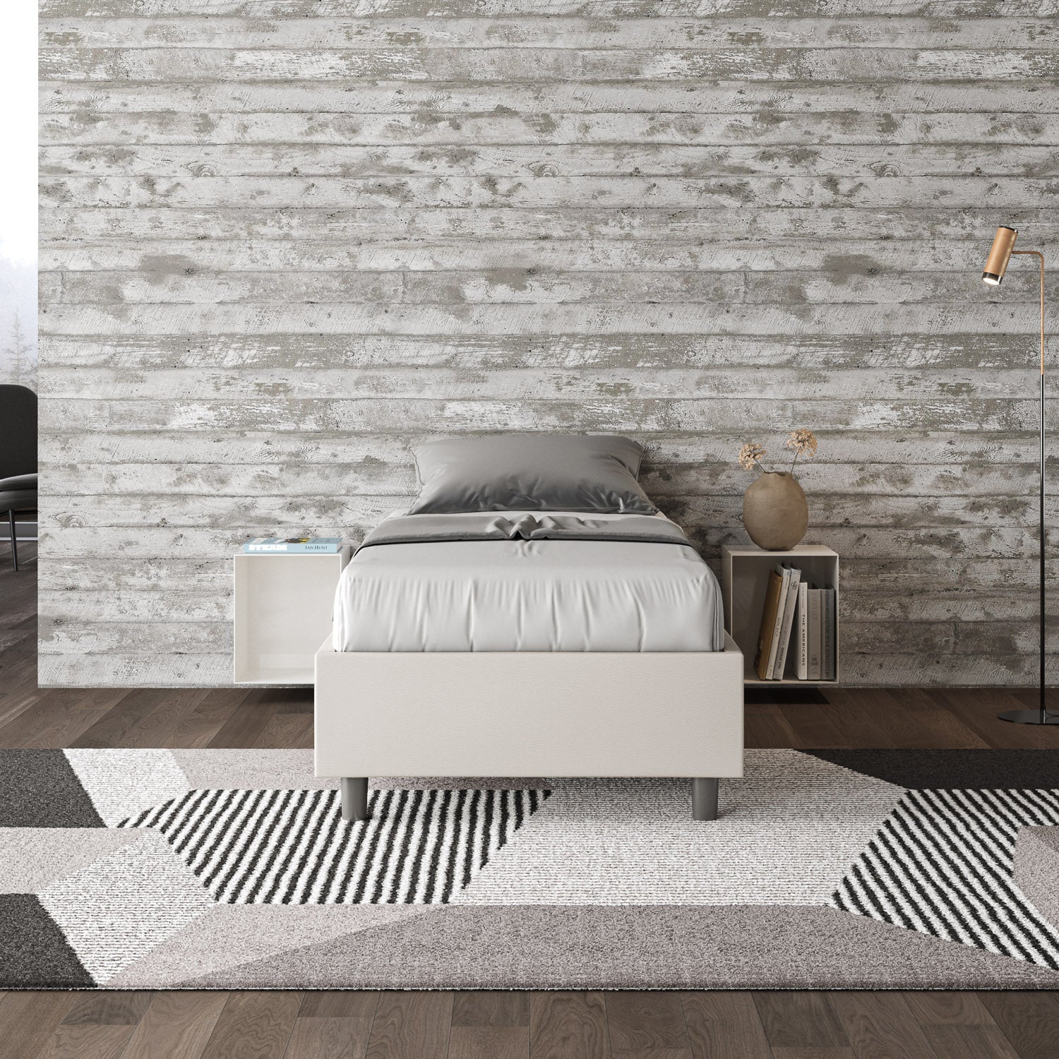 Letto singolo imbottito similpelle Azelia con rete, contenitore e senza rete