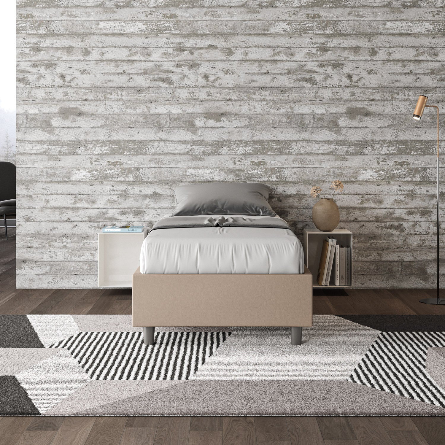 Letto singolo imbottito similpelle Azelia con e senza rete e contenitore