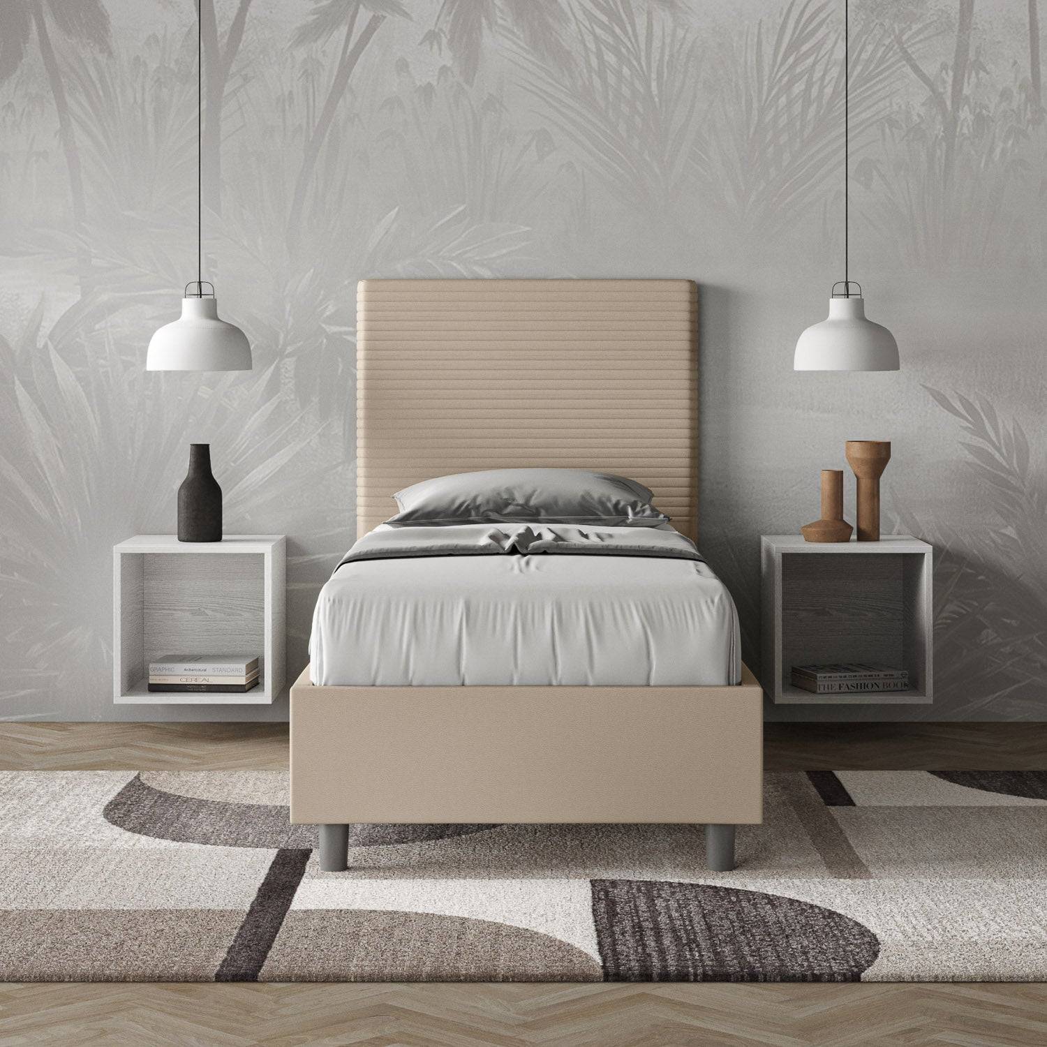 Letto singolo imbottito similpelle Focus con rete, contenitore e senza rete