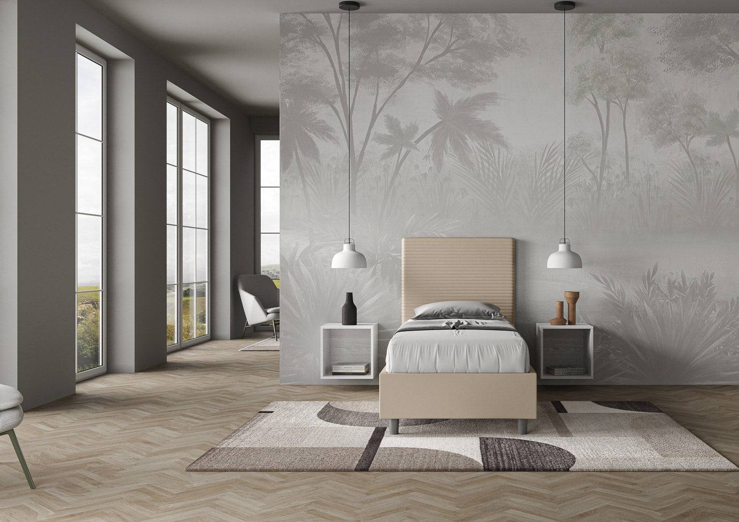 Letto singolo imbottito similpelle Focus con rete, contenitore e senza rete