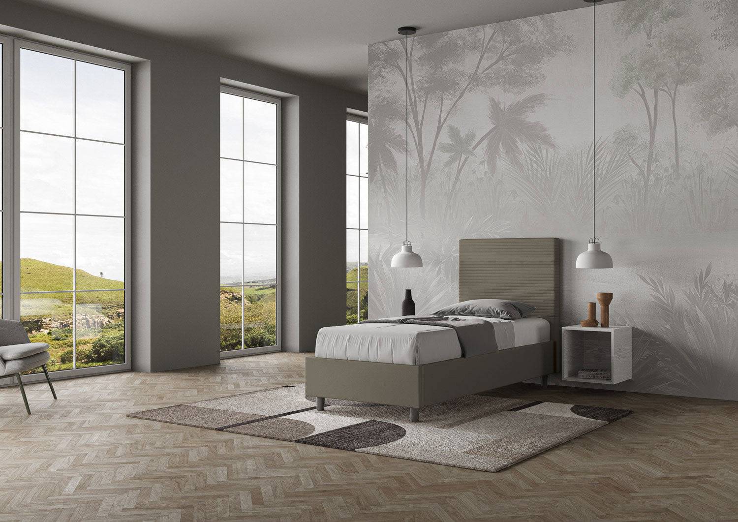 Letto singolo imbottito similpelle Focus 80x200 senza rete, con rete, contenitore