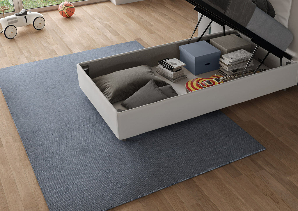 Letto singolo imbottito similpelle Antea senza rete, con rete e contenitore