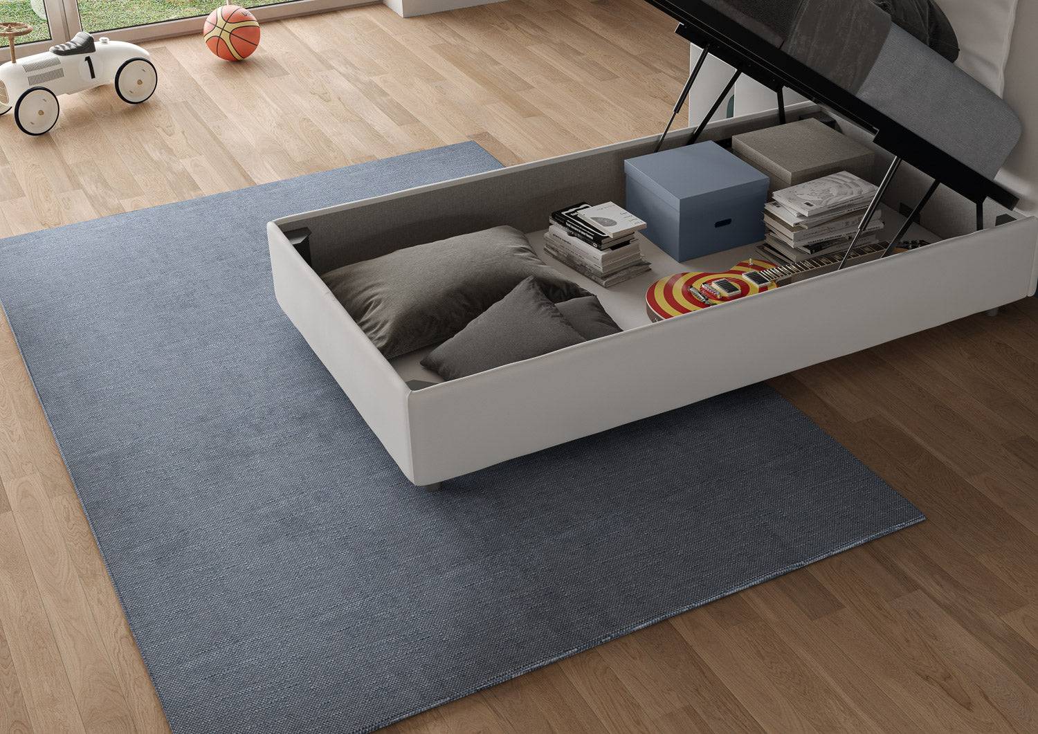 Letto Singolo 80x190 Sunny in Similpelle con Contenitore - L.95xP.210 H.122 cm, Made in Italy