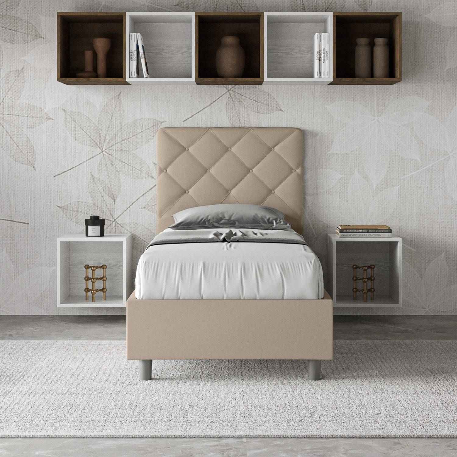 Letto singolo imbottito similpelle Priya con e senza rete e contenitore 80x200