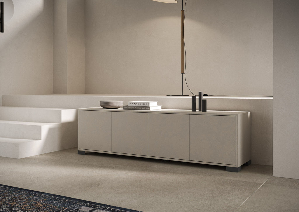 Madia e Porta TV Lumina con ante in bianco lucido e cashmere