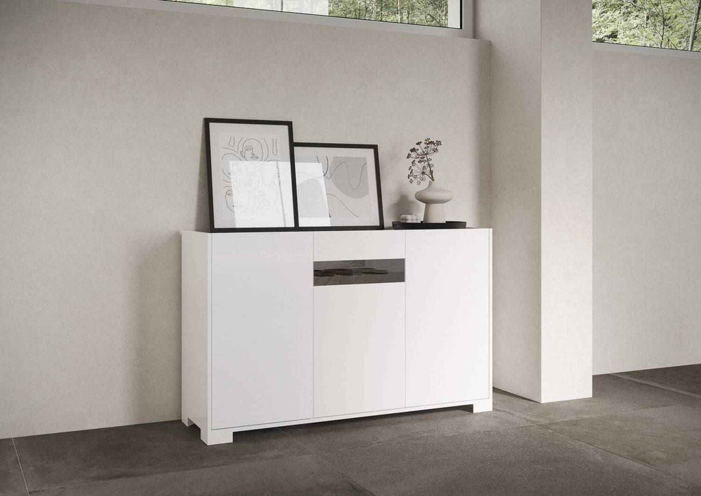Madia e Credenza alta con Porta TV Riflesso bianco lucido e cashmere